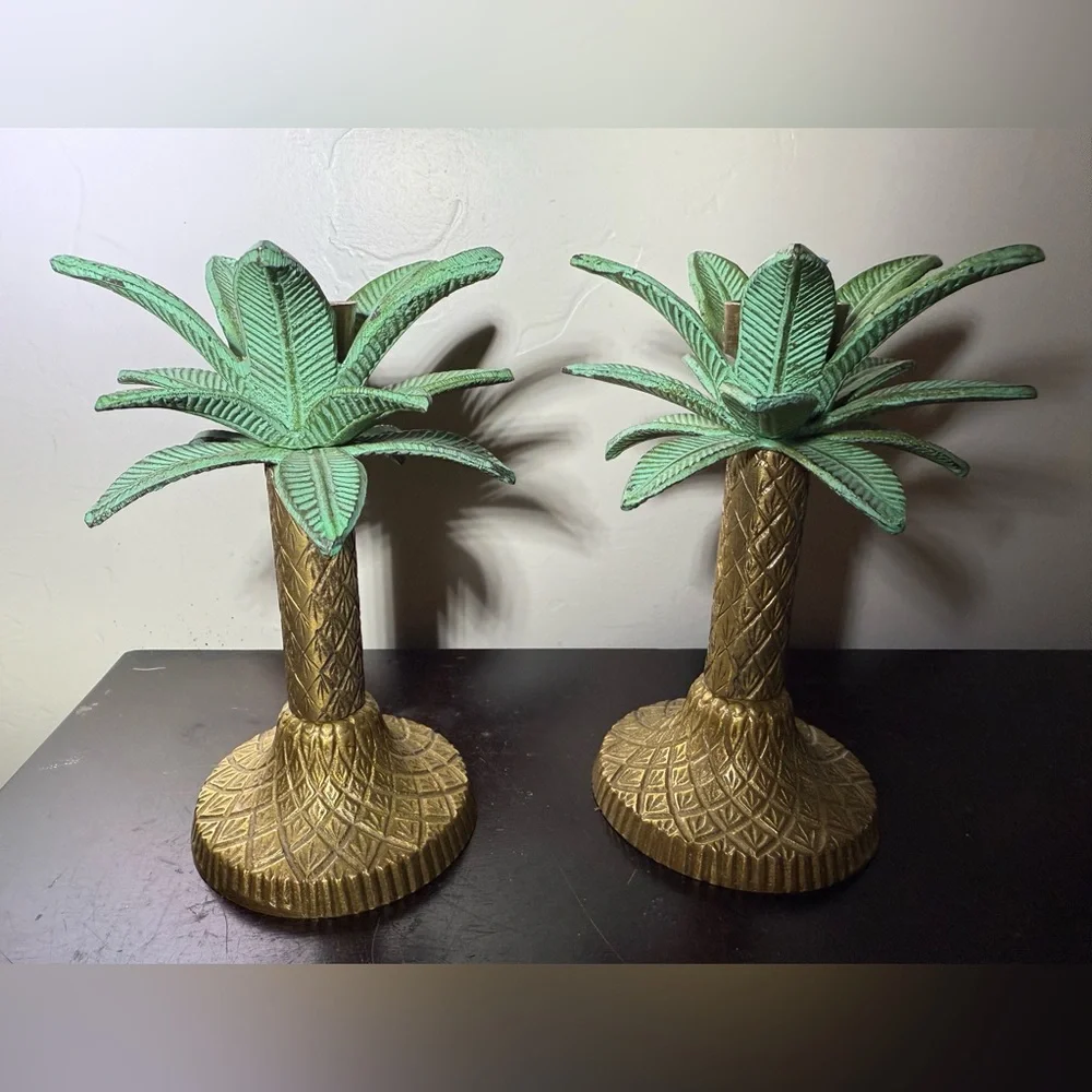 2 Vintage Brass‎ Palm Tree Taper Candle Stick Holders  Tropical Decor 6” H Green